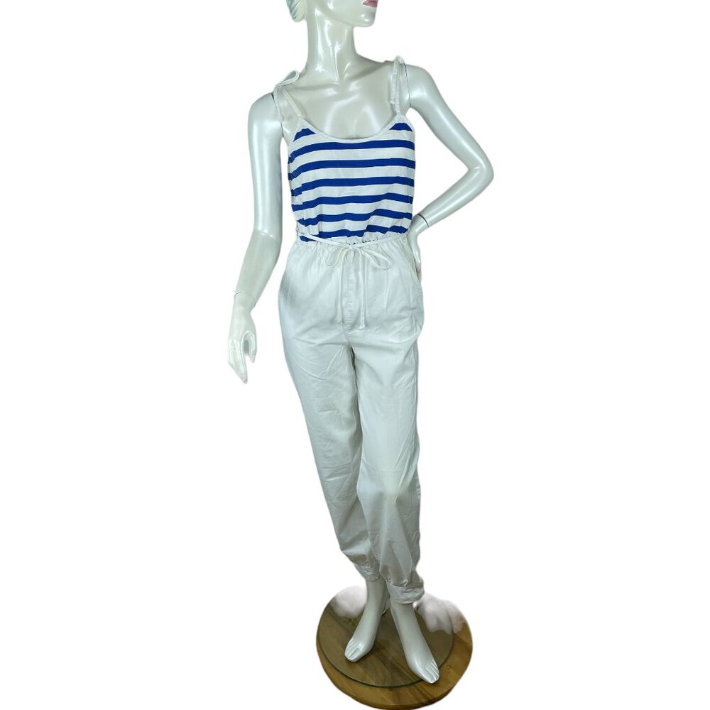1980s jumpsuit blue white striped cotton with pockets by Auditions